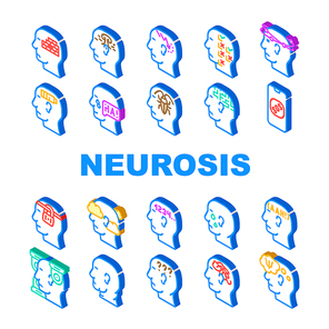Neurosis Brain Problem Collection Icons Set Vector. Patient Neurosis And Disorder, Persecution Mania And Panic, Confused And Disorientation Color Illustrations