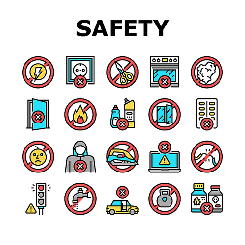 Child Life Safety Collection Icons Set Vector. Poison And Chemical Liquid Prohibition Mark, Opened Window And Door, Child Life Safety Concept Linear Pictograms. Contour Color Illustrations