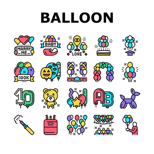 Balloon Decoration Collection Icons Set Vector. Birthday And Wedding Day Celebration, Graduation And Halloween Party Balloon Decoration Concept Linear Pictograms. Contour Color Illustrations