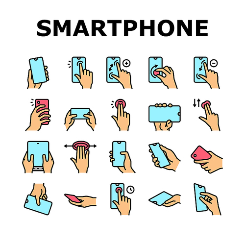 Smartphone Gesture Collection Icons Set Vector. Zooming And Swiping, Press And Holding Finger On Smartphone Screen, Tapping On Phone Display Concept Linear Pictograms. Contour Color Illustrations