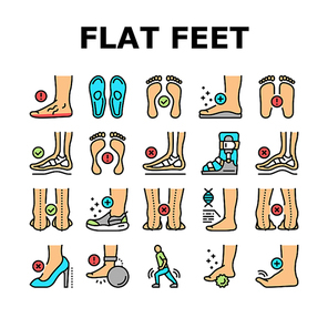 Flat Feet Disease Collection Icons Set Vector. Orthopedic Insoles And Shoes, Inward And Outward Curvature Of Legs, Flat Feet Treatment Concept Linear Pictograms. Contour Color Illustrations