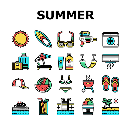 Summer Vacation Travel Collection Icons Set Vector. Resting On Summer Tropical Beach And Drink Exotic Cocktail, Swimming In Pool And Cooking Bbq Concept Linear Pictograms. Contour Color Illustrations