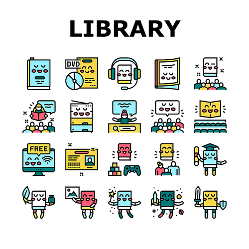 Children Library Read Collection Icons Set Vector. Children Library Reading Material And Activity, Educational And Story Book Concept Linear Pictograms. Contour Color Illustrations