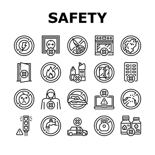 Child Life Safety Collection Icons Set Vector. Poison And Chemical Liquid Prohibition Mark, Opened Window And Door, Child Life Safety Black Contour Illustrations