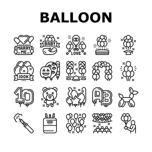 Balloon Decoration Collection Icons Set Vector. Birthday And Wedding Day Celebration, Graduation And Halloween Party Balloon Decoration Black Contour Illustrations