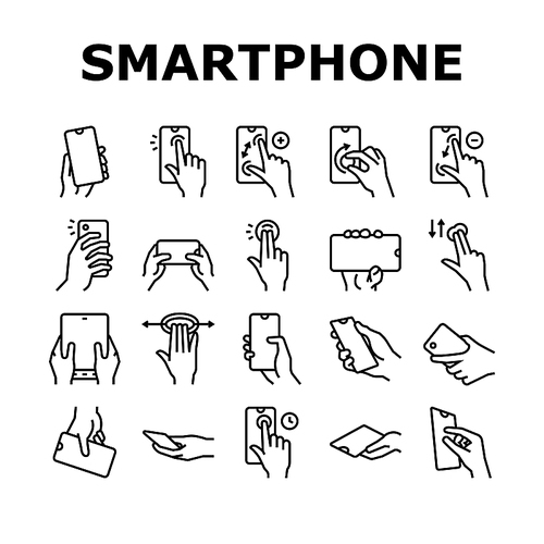 Smartphone Gesture Collection Icons Set Vector. Zooming And Swiping, Press And Holding Finger On Smartphone Screen, Tapping On Phone Display Black Contour Illustrations