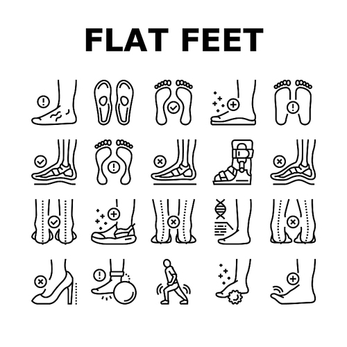 Flat Feet Disease Collection Icons Set Vector. Orthopedic Insoles And Shoes, Inward And Outward Curvature Of Legs, Flat Feet Treatment Black Contour Illustrations