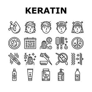 Keratin Hair Procedure Collection Icons Set Vector. Keratin Cosmetic And Cream, Shampoo And Oil, Comb And Straightener Beauty Salon Service Black Contour Illustrations