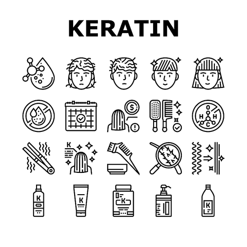 Keratin Hair Procedure Collection Icons Set Vector. Keratin Cosmetic And Cream, Shampoo And Oil, Comb And Straightener Beauty Salon Service Black Contour Illustrations