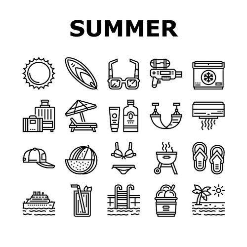 Summer Vacation Travel Collection Icons Set Vector. Resting On Summer Tropical Beach And Drink Exotic Cocktail, Swimming In Pool And Cooking Bbq Black Contour Illustrations