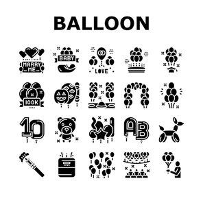 Balloon Decoration Collection Icons Set Vector. Birthday And Wedding Day Celebration, Graduation And Halloween Party Balloon Decoration Glyph Pictograms Black Illustrations