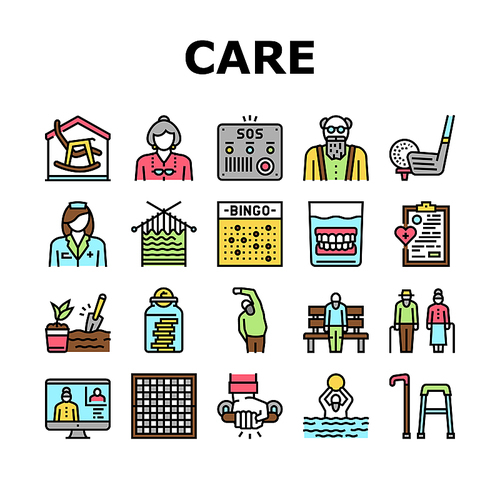 Elderly People Care Collection Icons Set Vector. Golf Game And Chess Playing, Swimming Exercise And Training Elderly Grandfather And Grandmother Concept Linear Pictograms. Contour Color Illustrations