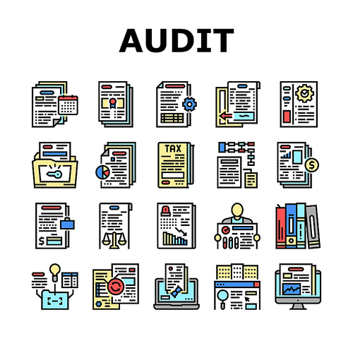 Business Finance Audit Collection Icons Set Vector. Comparative Analysis And Tax Accounting, Audit Of Annual And Consolidated Financial Statement Concept Linear Pictograms. Contour Color Illustrations