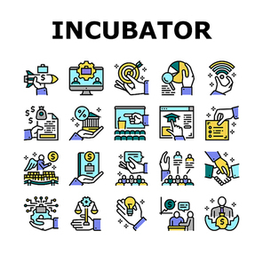 Business Incubator Collection Icons Set Vector. Incubator Education Resource And Training, Marketing Assistance And Strategic Partners Concept Linear Pictograms. Contour Color Illustrations