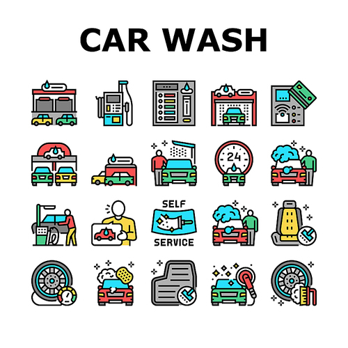Self Service Car Wash Collection Icons Set Vector. Non Contact Car Wash Station And Equipment, Washing Carpet And Cleaning Windows Concept Linear Pictograms. Contour Color Illustrations