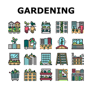 Urban Gardening Eco Collection Icons Set Vector. City Gardening On Roof And Garden, Growing Plant On Building Wall And Window Sill Flower Concept Linear Pictograms. Contour Color Illustrations