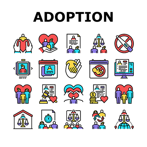 Child Adoption Care Collection Icons Set Vector. Child Adoption Cost And Schedule Consultation, Unplanned Pregnancy And Infertility Problem Concept Linear Pictograms. Contour Color Illustrations