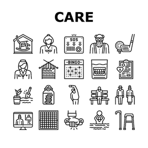Elderly People Care Collection Icons Set Vector. Golf Game And Chess Playing, Swimming Exercise And Training Elderly Grandfather And Grandmother Black Contour Illustrations