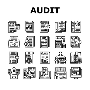 Business Finance Audit Collection Icons Set Vector. Comparative Analysis And Tax Accounting, Audit Of Annual And Consolidated Financial Statement Black Contour Illustrations