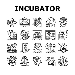 Business Incubator Collection Icons Set Vector. Incubator Education Resource And Training, Marketing Assistance And Strategic Partners Black Contour Illustrations