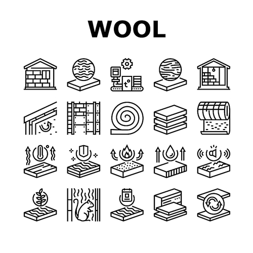 Mineral Wool Material Collection Icons Set Vector. Glass And Basalt Mineral Wool, Thermal And Noise Insulation, Fire Resistance And Strength Black Contour Illustrations