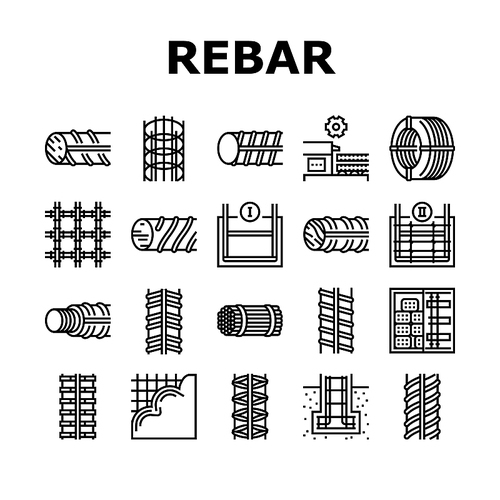 Rebar Construction Collection Icons Set Vector. Threaded And Hardened Steel Fittings, Metal And Basalt Rebar Production, Concrete Floor And Wall Black Contour Illustrations