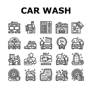 Self Service Car Wash Collection Icons Set Vector. Non Contact Car Wash Station And Equipment, Washing Carpet And Cleaning Windows Black Contour Illustrations