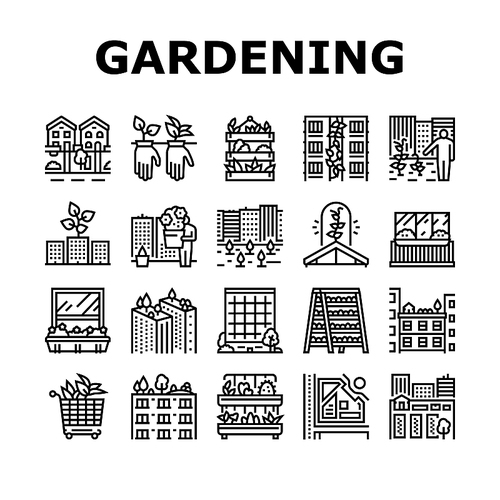 Urban Gardening Eco Collection Icons Set Vector. City Gardening On Roof And Garden, Growing Plant On Building Wall And Window Sill Flower Black Contour Illustrations