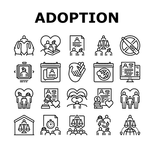 Child Adoption Care Collection Icons Set Vector. Child Adoption Cost And Schedule Consultation, Unplanned Pregnancy And Infertility Problem Black Contour Illustrations