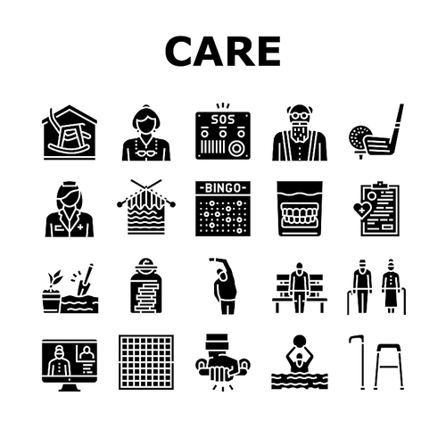 Elderly People Care Collection Icons Set Vector. Golf Game And Chess Playing, Swimming Exercise And Training Elderly Grandfather And Grandmother Glyph Pictograms Black Illustrations