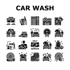 Self Service Car Wash Collection Icons Set Vector. Non Contact Car Wash Station And Equipment, Washing Carpet And Cleaning Windows Glyph Pictograms Black Illustrations
