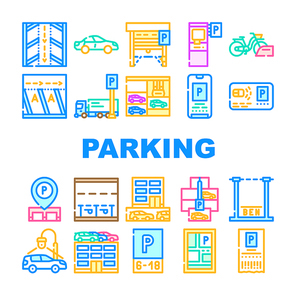 Parking Transport Collection Icons Set Vector. Electronic Parking Ticket And Pass Card, Gps Mark Location On Map And Electronic Gates Concept Linear Pictograms. Contour Color Illustrations