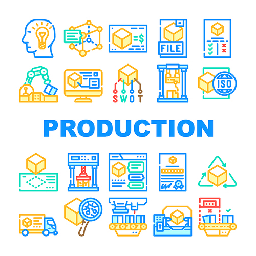 Production Business Collection Icons Set Vector. Discussion And Calculating Cost Of Production, Digital Model And Product First Sample Concept Linear Pictograms. Contour Color Illustrations