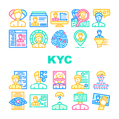 Kyc Know Your Customer Collection Icons Set Vector. Client Identification Card And Medical Information, Kyc Technology And Analysis Concept Linear Pictograms. Contour Color Illustrations