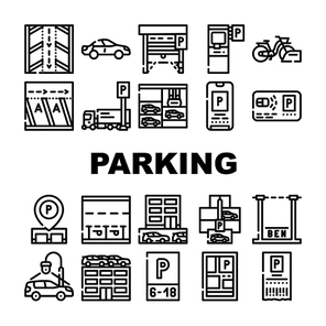 Parking Transport Collection Icons Set Vector. Electronic Parking Ticket And Pass Card, Gps Mark Location On Map And Electronic Gates Contour Illustrations
