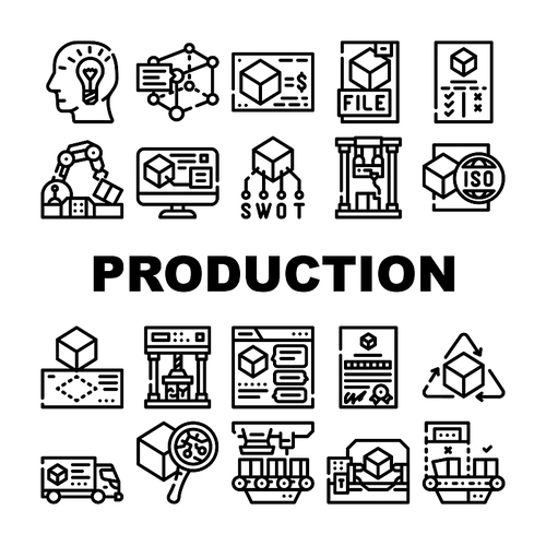 Production Business Collection Icons Set Vector. Discussion And Calculating Cost Of Production, Digital Model And Product First Sample Contour Illustrations