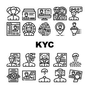 Kyc Know Your Customer Collection Icons Set Vector. Client Identification Card And Medical Information, Kyc Technology And Analysis Contour Illustrations