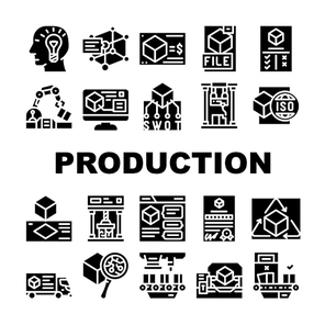 Production Business Collection Icons Set Vector. Discussion And Calculating Cost Of Production, Digital Model And Product First Sample Glyph Pictograms Black Illustrations