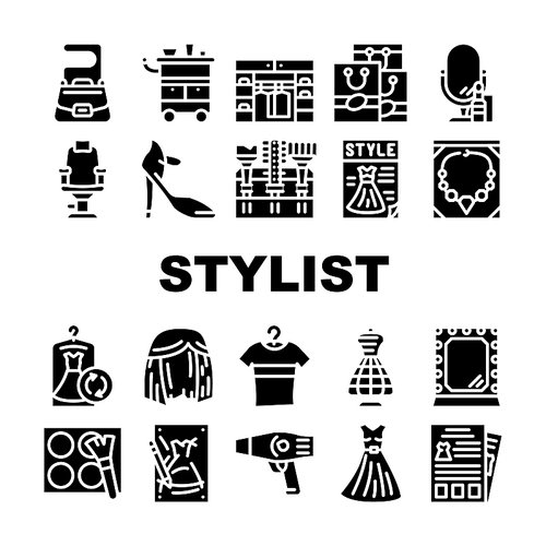 Stylist Accessory Collection Icons Set Vector. Stylist Armchair And Mirror, Sewing Mannequin And Dress, Style Catalog And Magazine Glyph Pictograms Black Illustrations