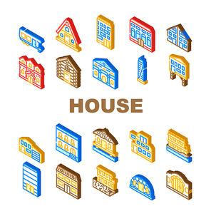 House Real Estate Collection Icons Set Vector. Bungalow On Water And Skyscraper Office Building, Cottage And Residence, Modern And Medieval House Isometric Sign Color Illustrations