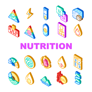 Nutrition Facts Diet Collection Icons Set Vector. Energy Nutrition And Saturated Fat, Vitamin And Calorie Content, Ratio In Grams And Percent Isometric Sign Color Illustrations