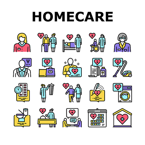 Homecare Services Collection Icons Set Vector. Volunteer Personal Care Elderly And Sick People, Dressing And Helping Washing Homecare Services Concept Linear Pictograms. Contour Color Illustrations