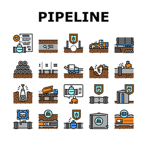 Pipeline Construction Collection Icons Set Vector. Installation And Repair Pipeline Construction, Engineering And Welding Pipe Concept Linear Pictograms. Contour Color Illustrations