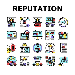 Reputation Management Collection Icons Set Vector. Social Media And Brand Ambassador, Company World Reputation Management And Reviews Concept Linear Pictograms. Contour Color Illustrations