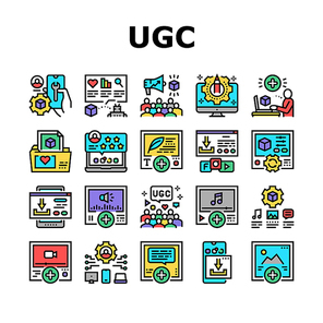 User Generated Content Collection Icons Set Vector. Video And Audio, Images And Text User Generated Content, Ugc Setting And Development Concept Linear Pictograms. Contour Color Illustrations