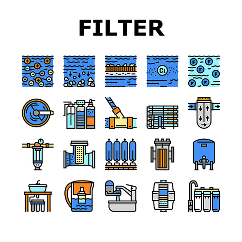 Water Filter Equipment Collection Icons Set Vector. Industrial And Home Water Filter Tool, Disinfection And Filtration Process Concept Linear Pictograms. Contour Color Illustrations