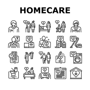 Homecare Services Collection Icons Set Vector. Volunteer Personal Care Elderly And Sick People, Dressing And Helping Washing Homecare Services Black Contour Illustrations