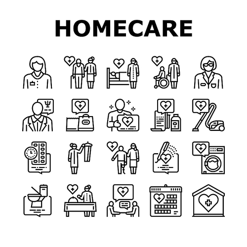 Homecare Services Collection Icons Set Vector. Volunteer Personal Care Elderly And Sick People, Dressing And Helping Washing Homecare Services Black Contour Illustrations