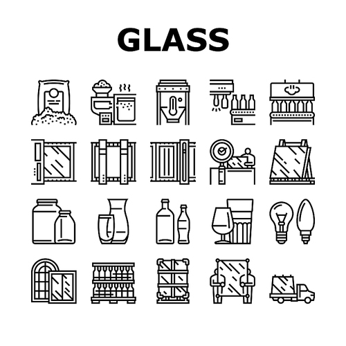 Glass Production Plant Collection Icons Set Vector. Glass Bottle And Vase, Jar And Light Bulb Manufacturing, Window Packaging And Transportation Black Contour Illustrations