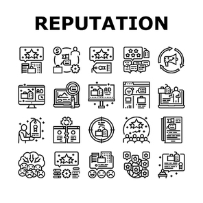 Reputation Management Collection Icons Set Vector. Social Media And Brand Ambassador, Company World Reputation Management And Reviews Black Contour Illustrations